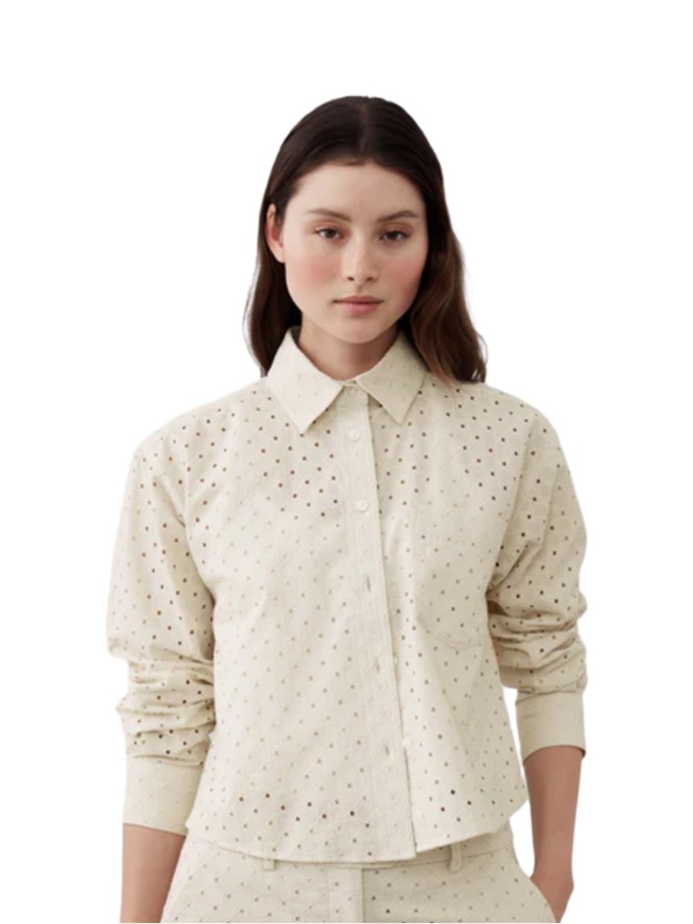 Banana Republic Eyelet Cropped Button Up Shirt Cream Cotton Size M‎
